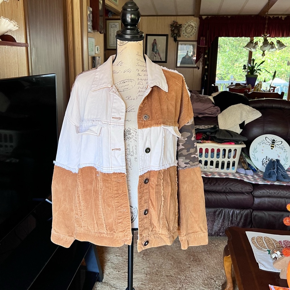 Women's Cato patchwork corduroy jacket in cream, brown, and camouflage print.